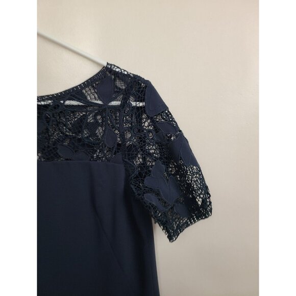 Ann Taylor Womens Shift Dress Size 4 Navy Lace Illusion Short Sleeve Minimalist - Picture 3 of 8